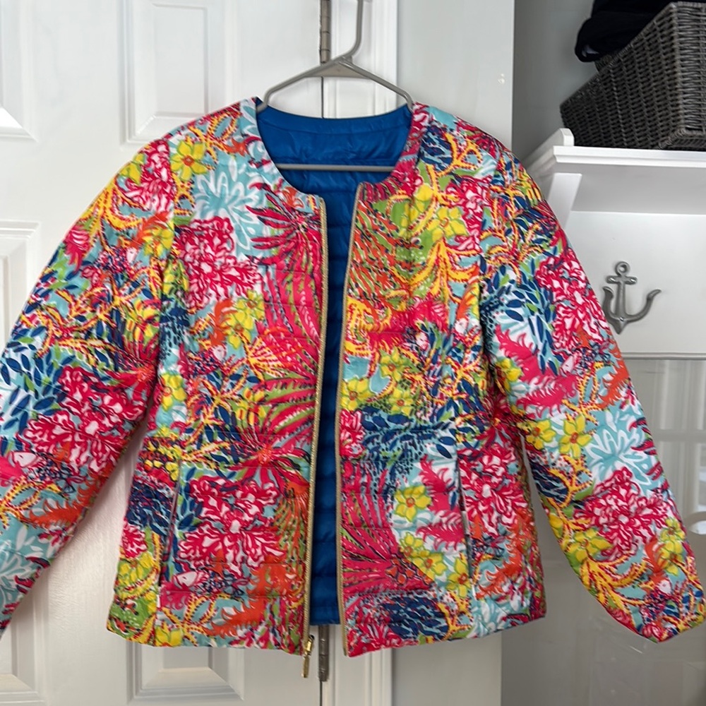 Lilly Pulitzer Red and Pink Puffer Jacket with Floral Print